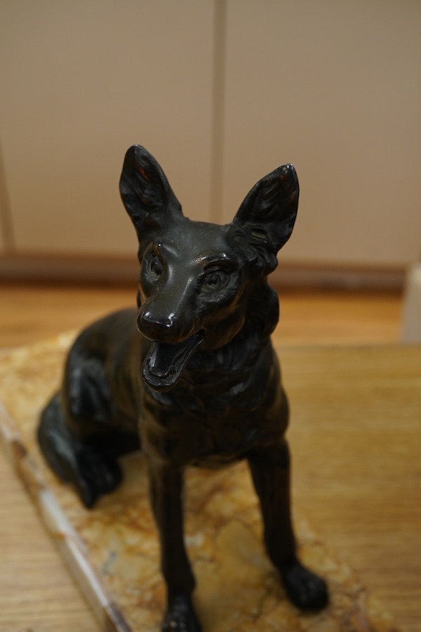 Two Art Deco style bronzed spelter Alsatians, largest 35cm wide